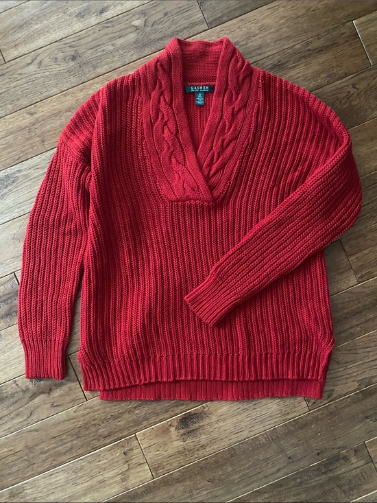 Ralph Lauren Sweaters - Ralph Lauren Red Cable-Knit Cotton Shawl-Collar Sweater